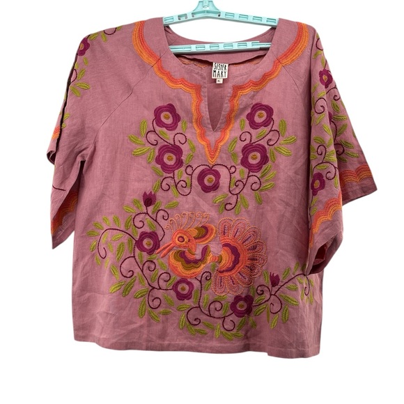 Mata Traders Tops - Sister Mary Linen Popover Blouse Pink Floral Embroidered Bird Mexican Style Top